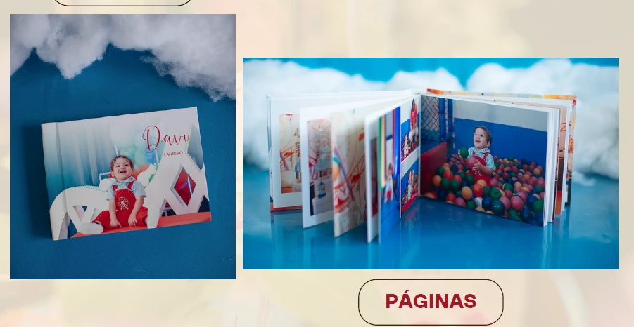Fotolivro infantil diagramado com páginas abertas e acabamento personalizado da Memorize.